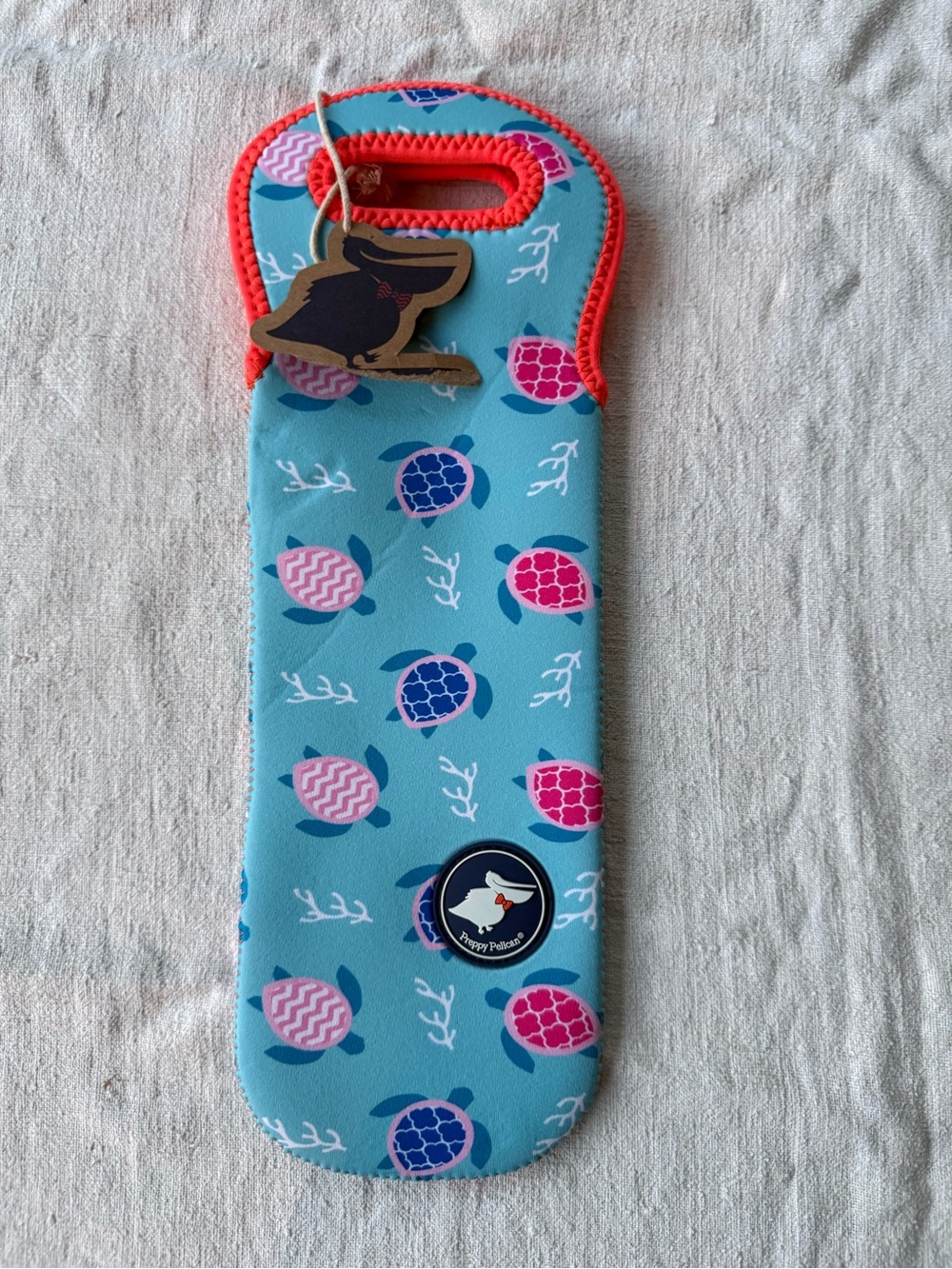 Preppy Pelican Neoprene Wine or Water Bottle Carrier - Blue with turtle print